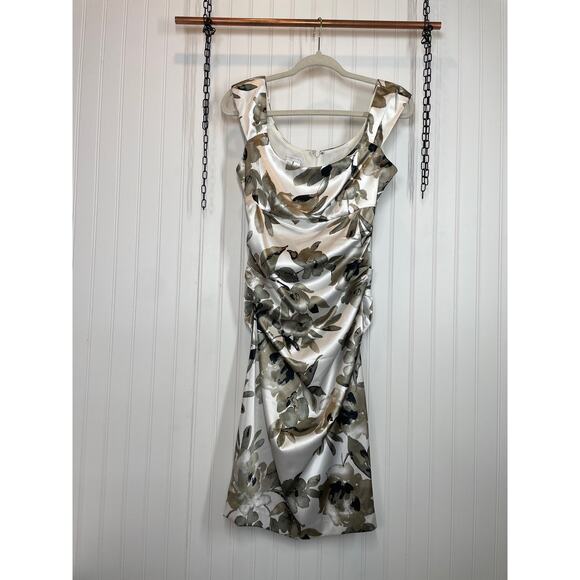 London Times Sateen Ruched Sheath Dress with Monochromatic Floral Design Size 8 - Picture 1 of 7